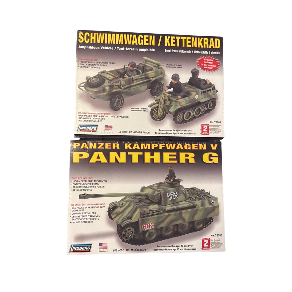 Lindberg 1/72 WWII Model Kits Panther G Tank Schwimmwagen Kettenkrad 76083 76084